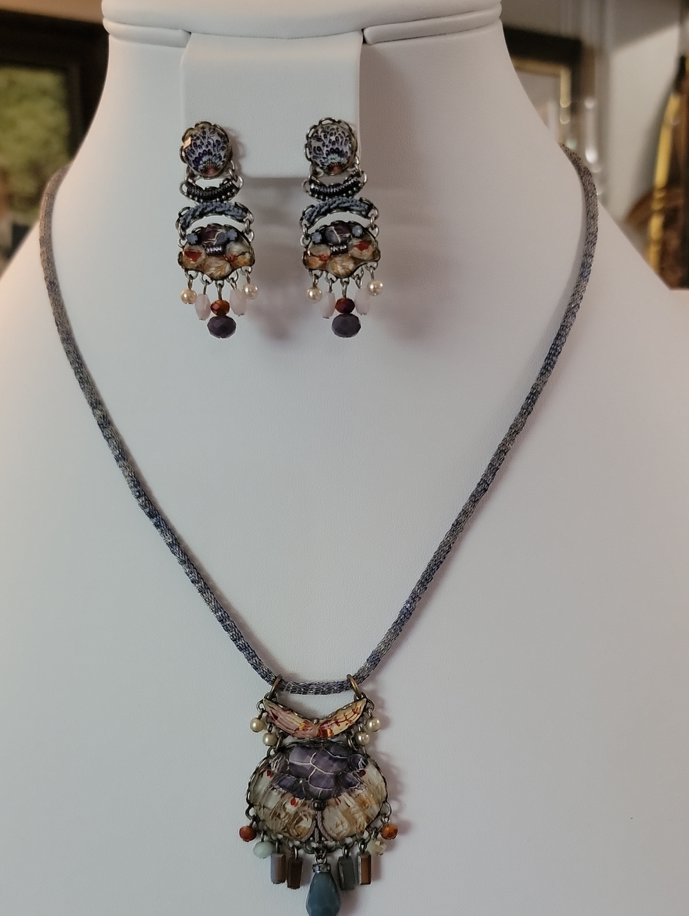 Ayala Bar Boho Lavender Beige And Rust Pendant Necklace and Earrings Set